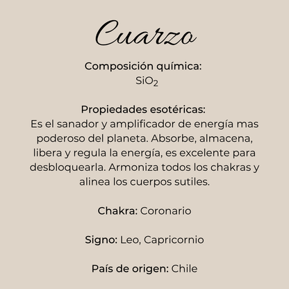 Infografía de piedra cuarzo con composición química, signo zodiacales, origen y usos rituales