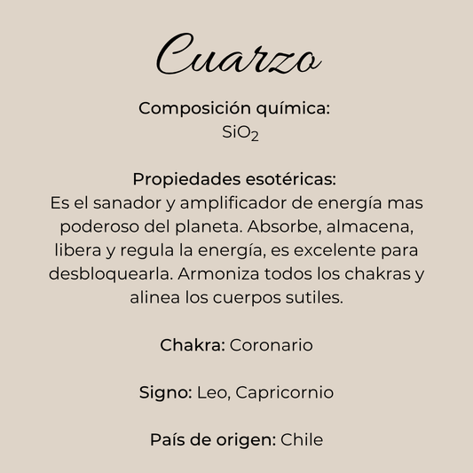 Infografía de piedra cuarzo con composición química, signo zodiacales, origen y usos rituales