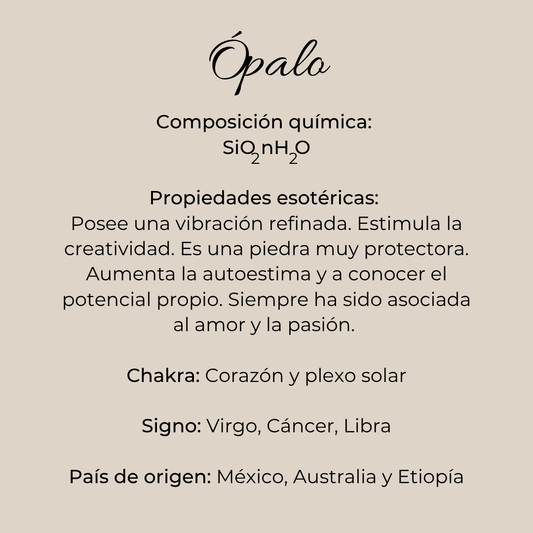 Infografía de piedra ópalo con composición química, signo zodiacales, origen y usos rituales
