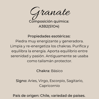Infografía de piedra granate con composición química, signo zodiacales, origen y usos rituales