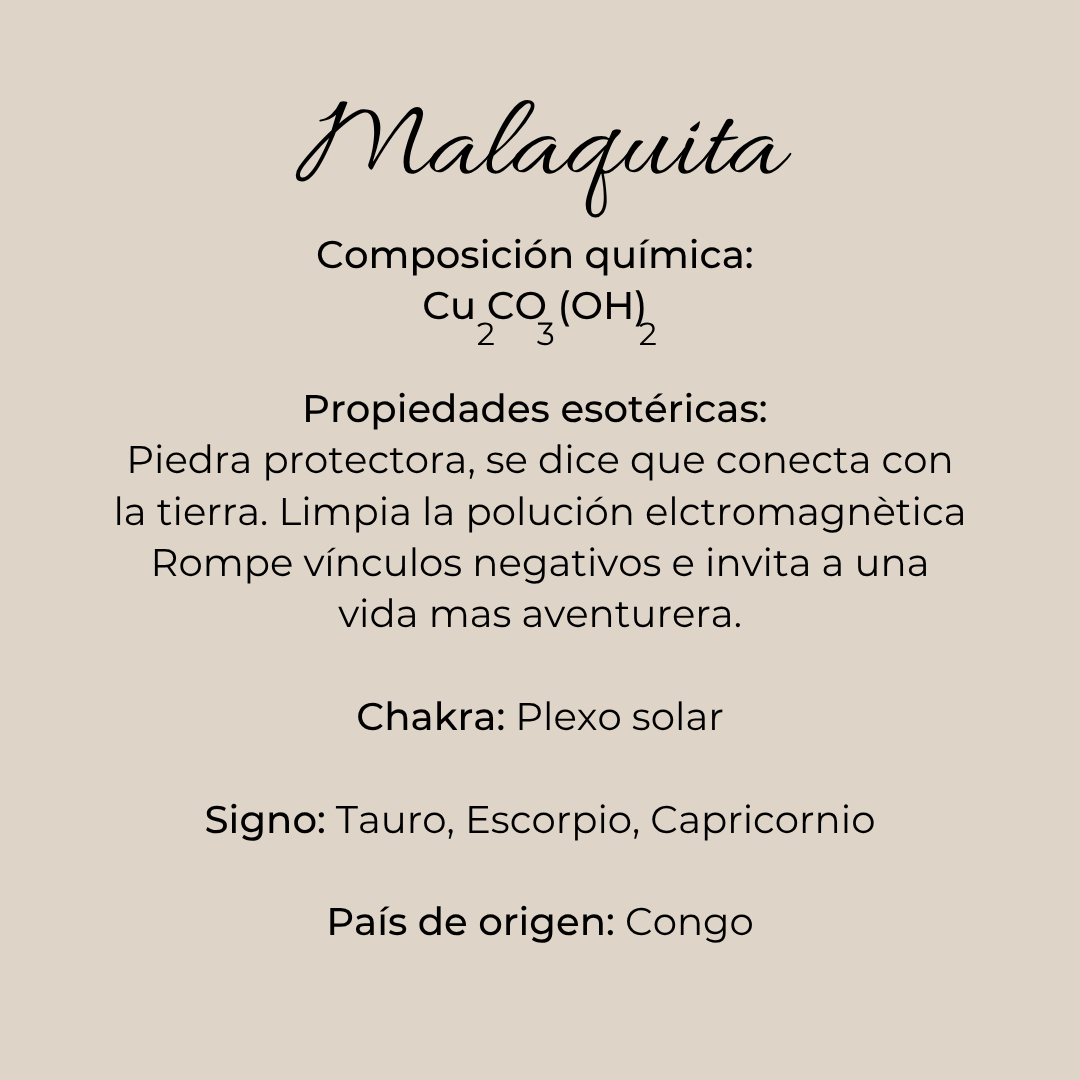 Infografía de piedra malaquita con composición química, signo zodiacales, origen y usos rituales