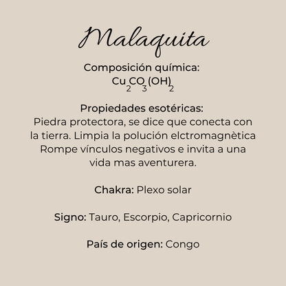 Infografía de piedra malaquita con composición química, signo zodiacales, origen y usos rituales