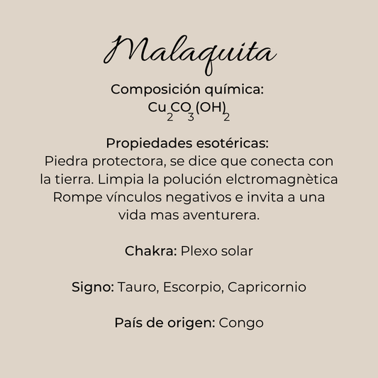Infografía de piedra malaquita con composición química, signo zodiacales, origen y usos rituales