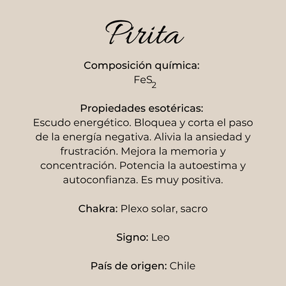 Infografía de pirita natural con composición química, dureza, raya y simbolismo tradicional.