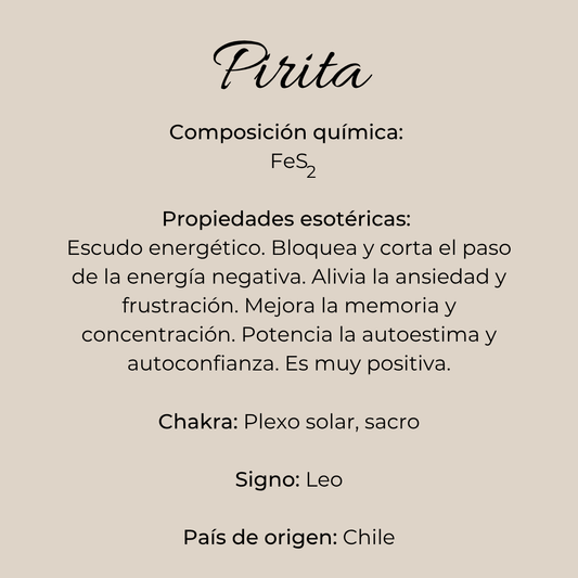 Infografía de pirita natural con composición química, dureza, raya y simbolismo tradicional.