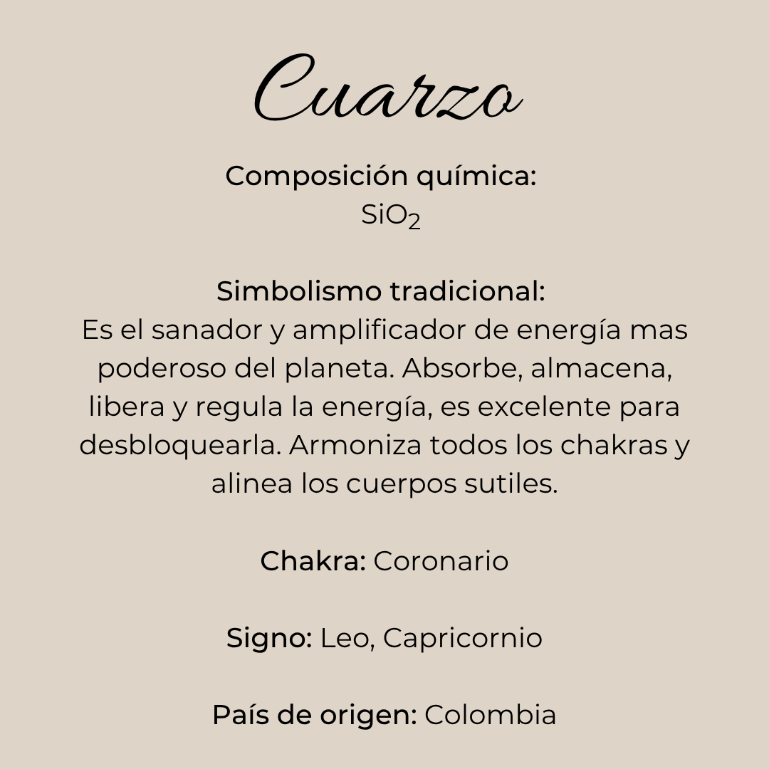 Infografía de Puntas naturales de cuarzo traslúcido en fondo beige.