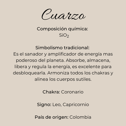Infografía de Puntas naturales de cuarzo traslúcido en fondo beige.