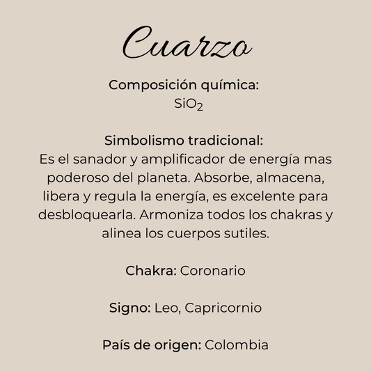 Infografía de Puntas naturales de cuarzo traslúcido en fondo beige.