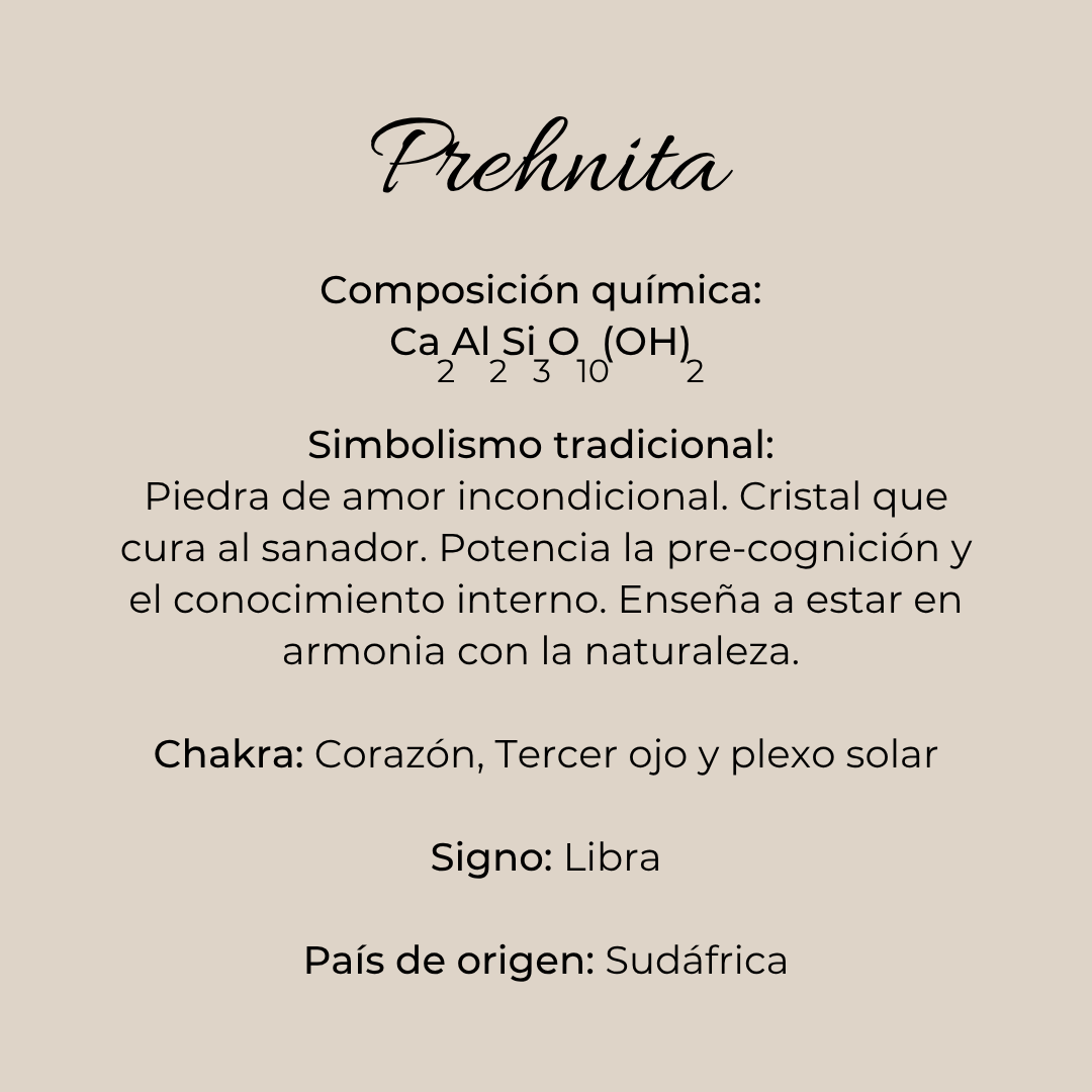 Ficha informativa de la prehnita: composición química, simbolismo de amor incondicional y pre-cognición, chakras Corazón Tercer Ojo y Plexo Solar, signo Libra, origen Sudáfrica