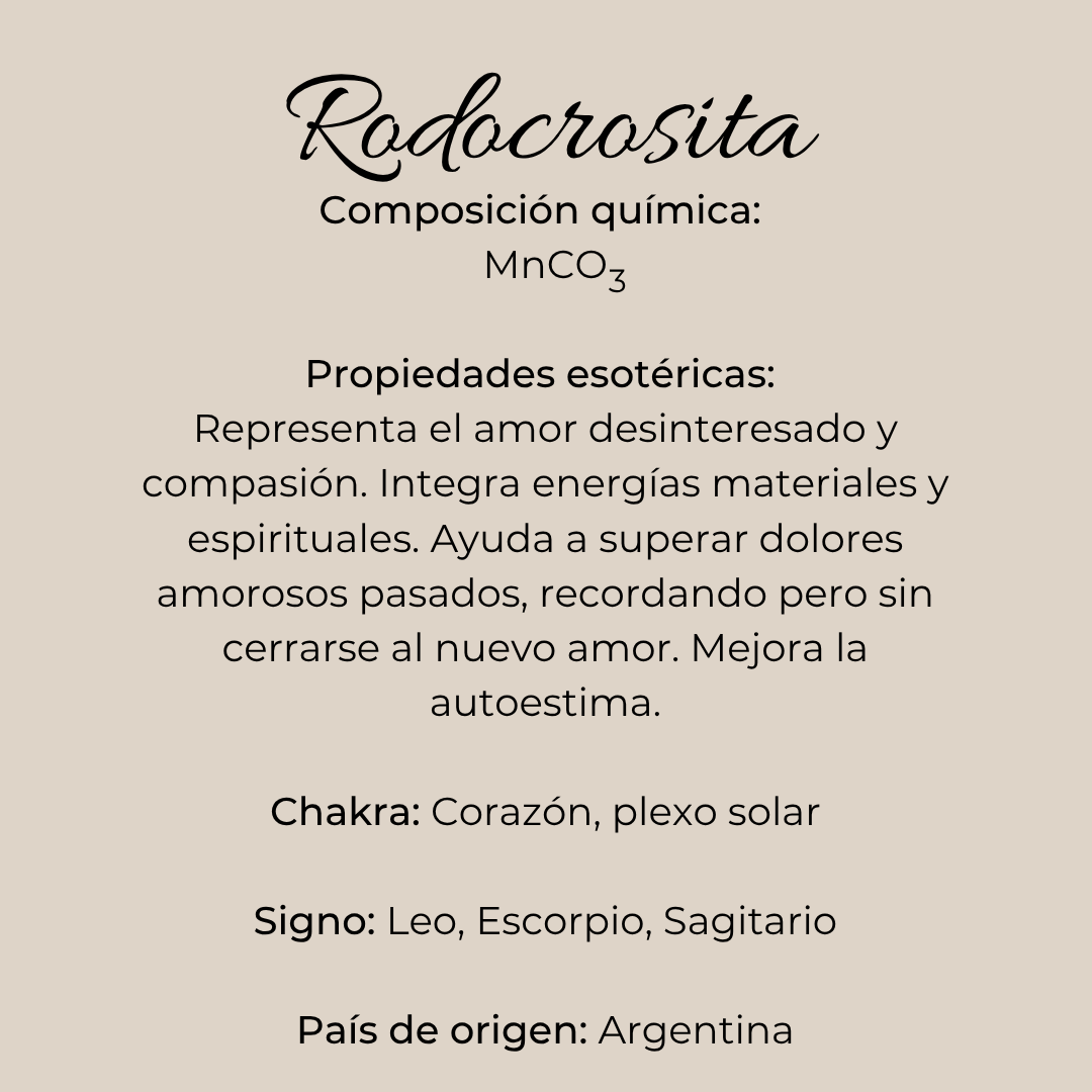 Ficha informativa de la rodocrosita con texto descriptivo sobre fondo beige