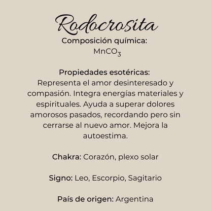Ficha informativa de la rodocrosita con texto descriptivo sobre fondo beige