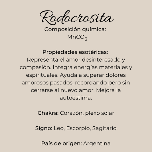 Ficha informativa de la rodocrosita con texto descriptivo sobre fondo beige