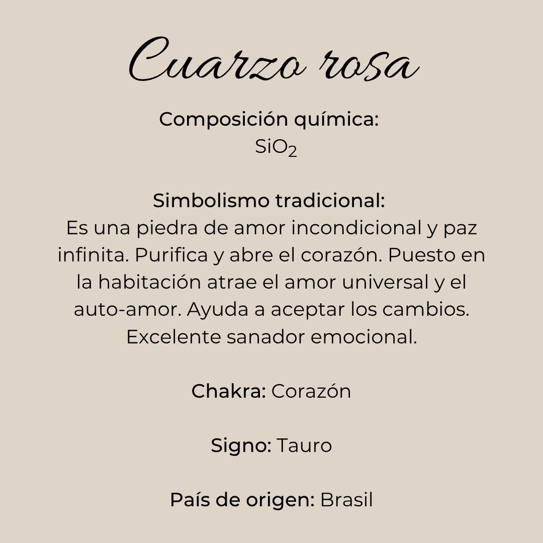 Ficha informativa del cuarzo rosa chileno con texto descriptivo sobre fondo beige