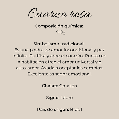 Ficha informativa del cuarzo rosa chileno con texto descriptivo sobre fondo beige