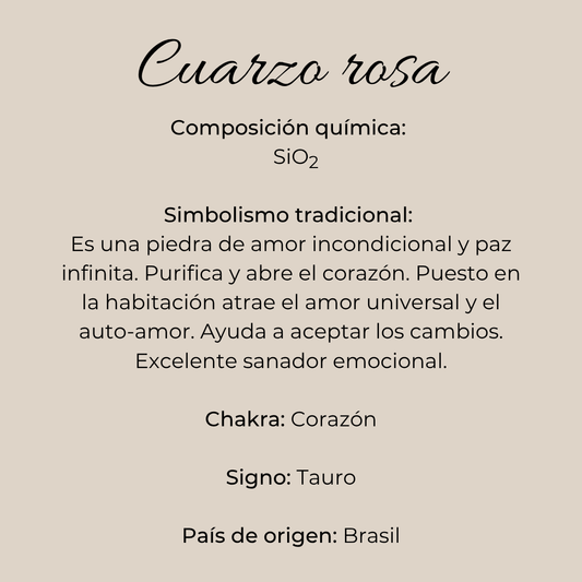 Ficha informativa del cuarzo rosa chileno con texto descriptivo sobre fondo beige