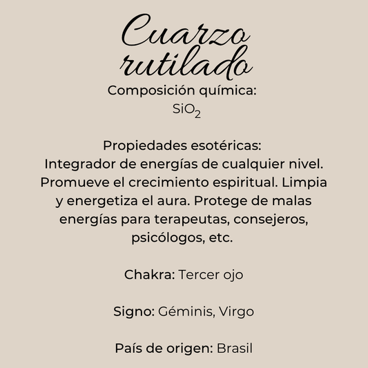 Infografía del cuarzo rutilado con composición química, propiedades, chakra y signos zodiacales de Río de Magma.