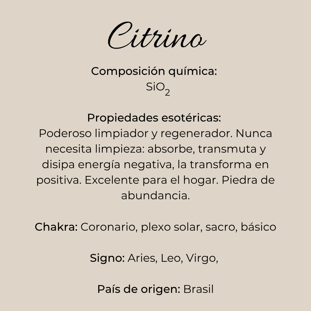 Infografía del citrino con composición química, propiedades, chakras y signos zodiacales de Río de Magma.