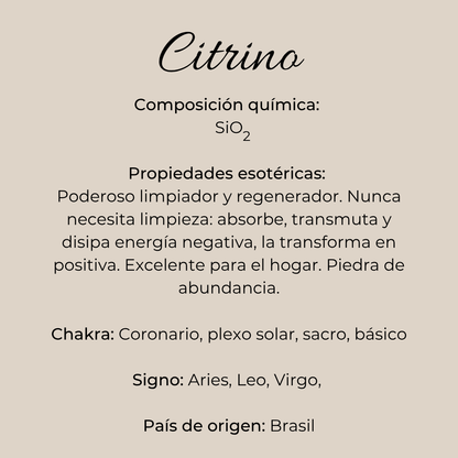 Infografía del citrino con composición química, propiedades, chakras y signos zodiacales de Río de Magma.