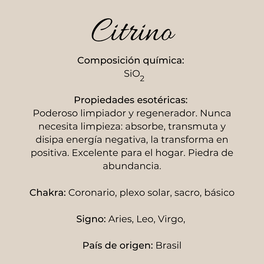 Infografía del citrino con composición química, propiedades, chakras y signos zodiacales de Río de Magma.