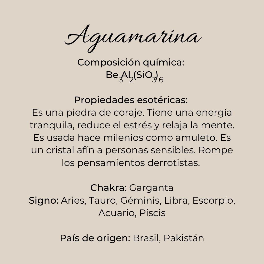 Infografía de la aguamarina con composición química, propiedades, chakras y signos zodiacales de Río de Magma.