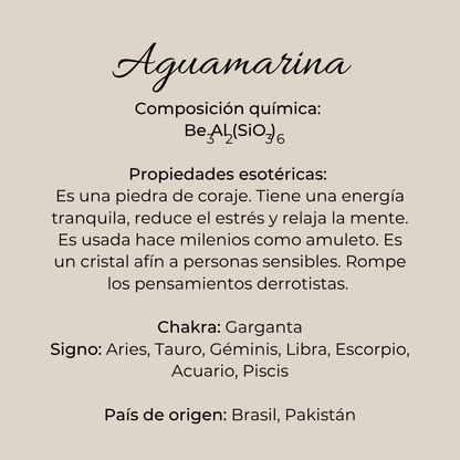 Infografía de la aguamarina con composición química, propiedades, chakras y signos zodiacales de Río de Magma.