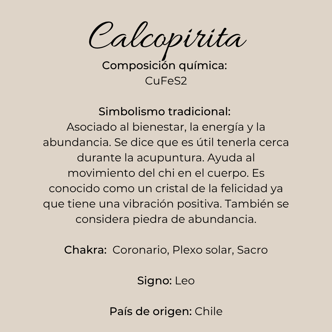 Ficha informativa de calcopirita iridiscente chilena con composición química, simbolismo tradicional y origen Chile.