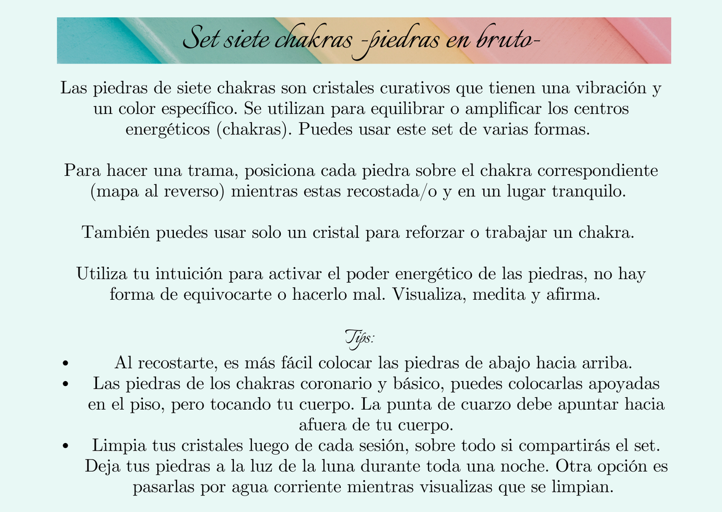 Set Cristales 7 Chakras en Bruto + Instructivo y Bolsa (7 Piedras)