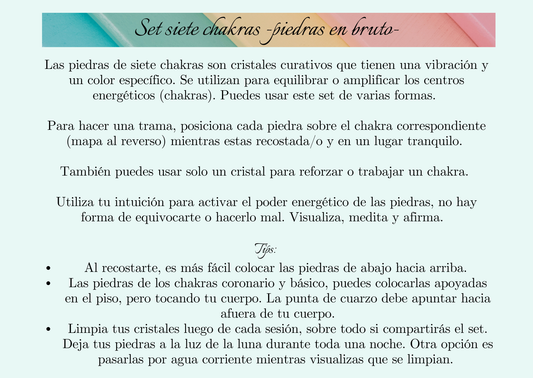 Set Cristales 7 Chakras en Bruto + Instructivo y Bolsa (7 Piedras)
