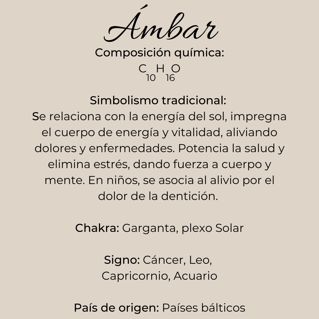 Ficha informativa del ámbar báltico: composición química, simbolismo tradicional, chakras Garganta y Plexo Solar, signos Cancer Leo Capricornio Acuario, origen Países Bálticos