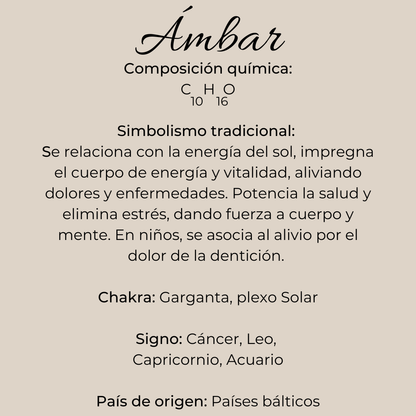 Ficha informativa del ámbar báltico: composición química, simbolismo tradicional, chakras Garganta y Plexo Solar, signos Cancer Leo Capricornio Acuario, origen Países Bálticos