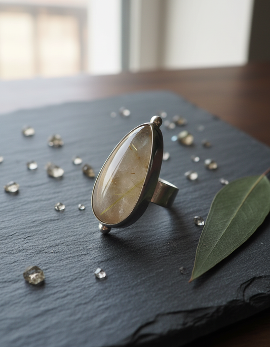 Anillo de Plata 950 con Cuarzo Rutilado Brasileño – Talla 10 (US 5.5) – Pieza única