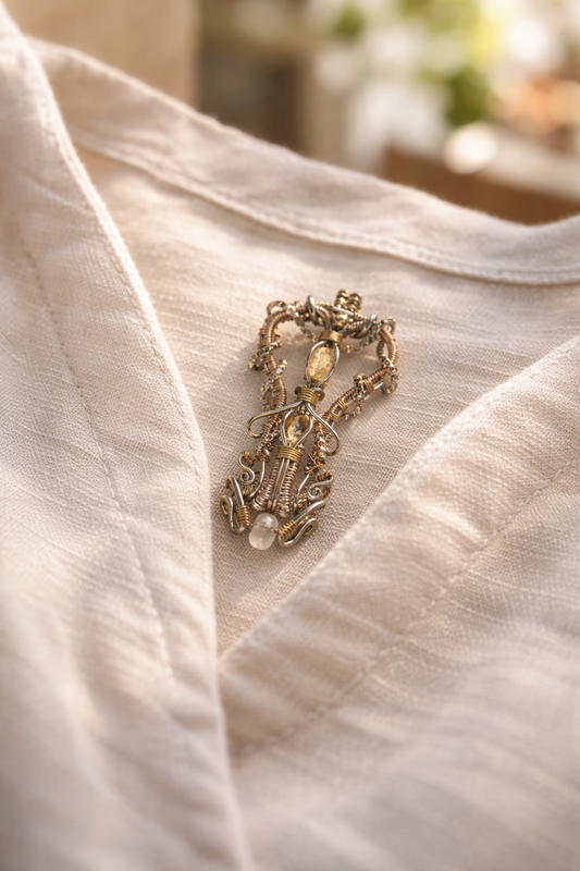 Colgante Wire Wrap – Citrinos Facetados y Aguamarina Dona – Plata 950 y Gold Filled – Pieza única