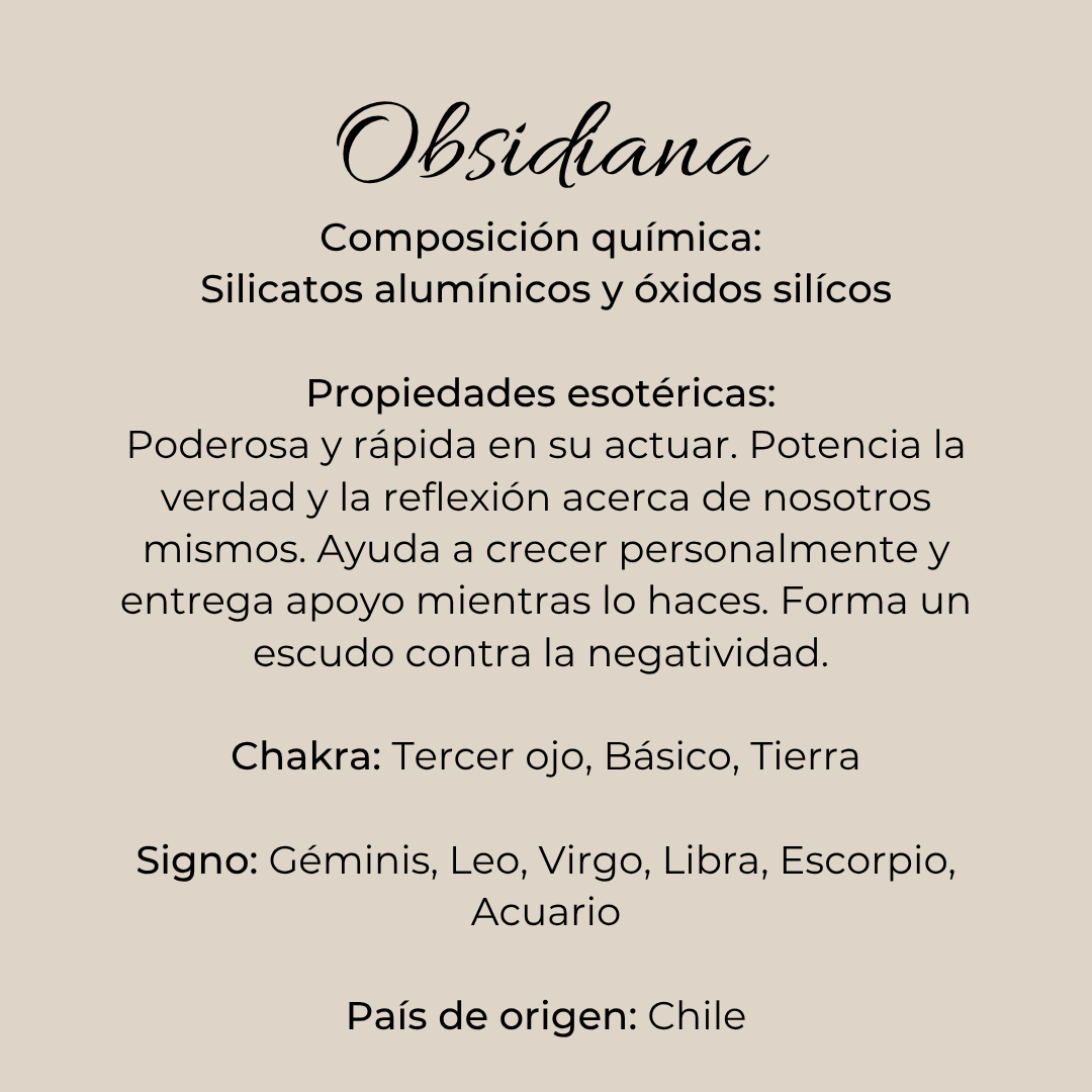 Ficha informativa de piedra obsidiana en bruto sobre fondo beige