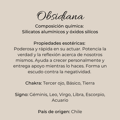 Ficha informativa de piedra obsidiana en bruto sobre fondo beige