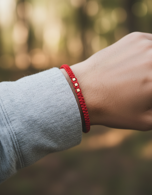 Pulsera roja de punto plano con cubos de bronce montada en tarjeta Río de Magma, fondo blanco