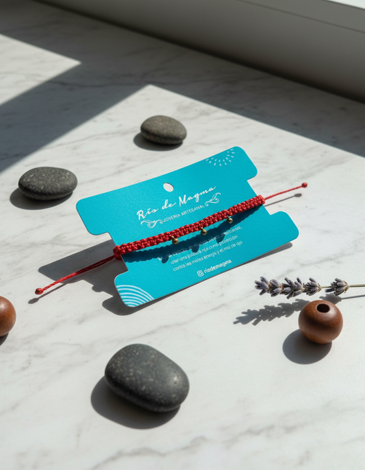 Pulsera Roja de Protección Punto Plano con Gotas de Bronce | Macramé Ajustable