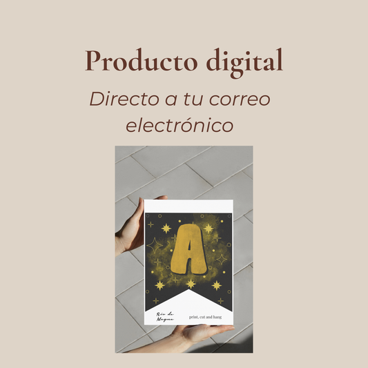 Imagen informativa de banderines negro y dorado imprimibles sobre fondo beige, con texto "Producto digital, directo a tu correo electrónico".