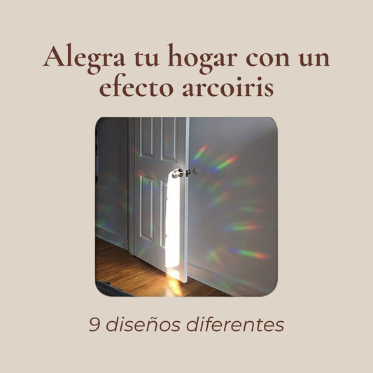 Imagen informativa de prismas de ventana con efecto arcoíris en interior y texto "Alegra tu hogar con un efecto arcoíris · 9 diseños diferentes".
