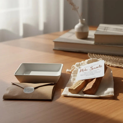 Kit Sahumar Palo Santo | Pocillo Cerámica blanca + Arena Volcánica + Palo Santo (20 g)