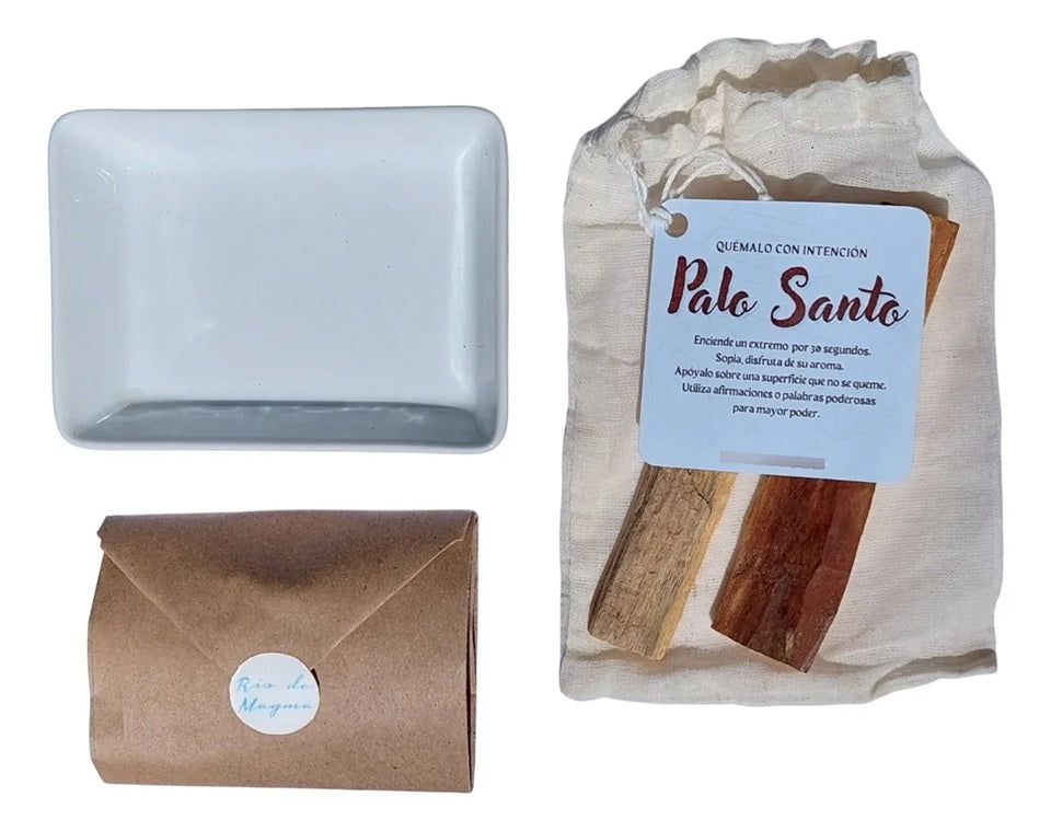 Kit Sahumar Palo Santo | Pocillo Cerámica blanca + Arena Volcánica + Palo Santo (20 g)