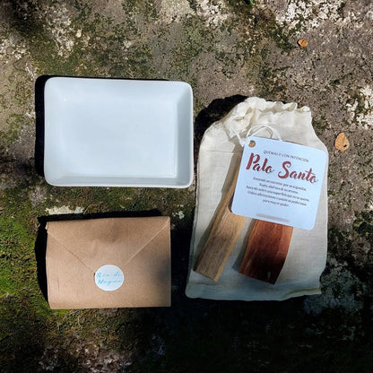 Kit Sahumar Palo Santo | Pocillo Cerámica blanca + Arena Volcánica + Palo Santo (20 g)